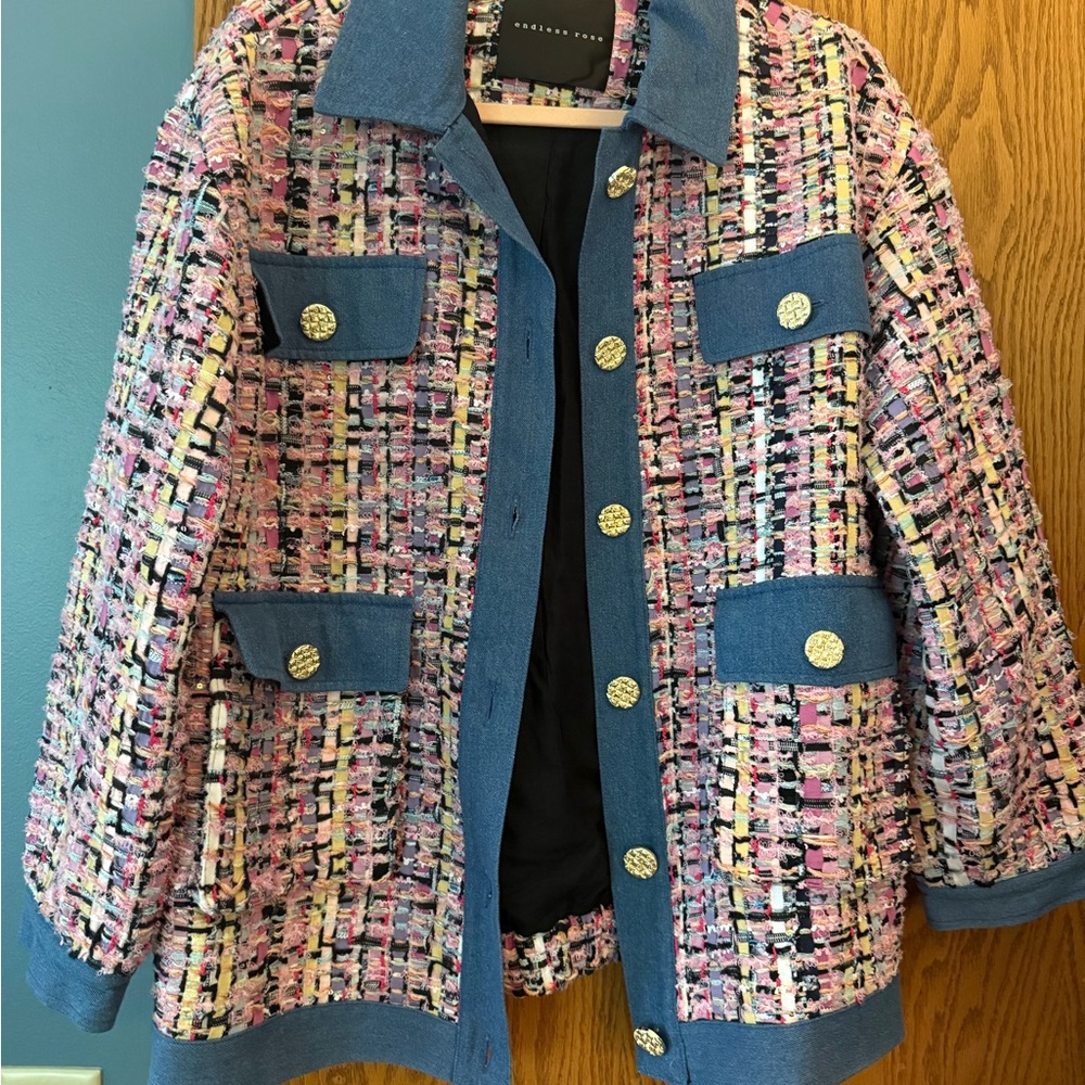 Endless Rose Multicolor Tweed Jacket with Denim Accents